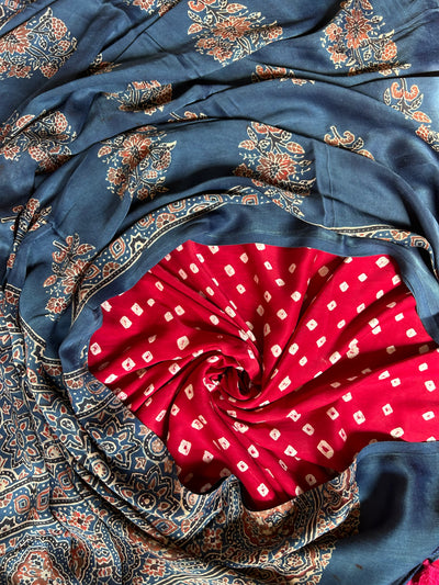 GANIKA : HANDBLOCK AJRAKH MODAL SILK DUPATTA WITH DYED MODAL SILK BANDHANI SUIT SET