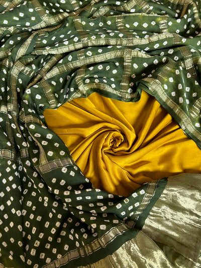 SARASWATI : Handmade Bandhani Gharchola Tissue Modal Silk Dupatta with Solid Modal Silk Suitset