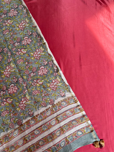 GULAB: HANDBLOCK BAGRU CHANDERI SILK DUPATTA WITH DYED MODAL SILK BANDHANI SUIT SET