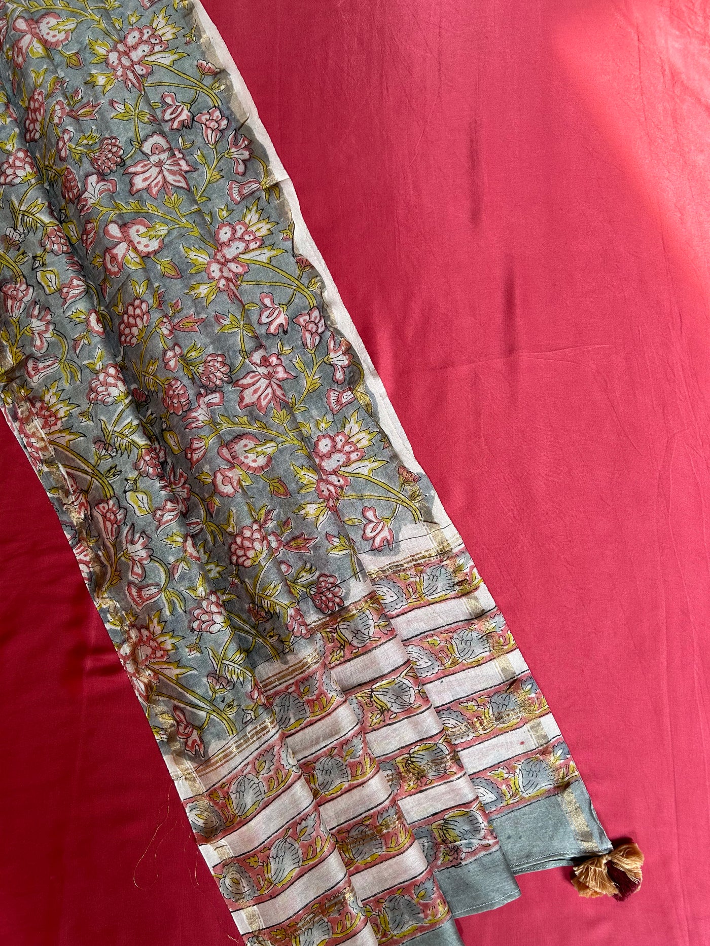 GULAB: HANDBLOCK BAGRU CHANDERI SILK DUPATTA WITH DYED MODAL SILK BANDHANI SUIT SET