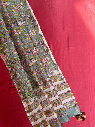 GULAB: HANDBLOCK BAGRU CHANDERI SILK DUPATTA WITH DYED MODAL SILK BANDHANI SUIT SET