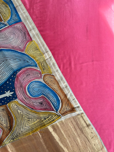 CHAKRA: HAND DRAWN HAND PAINTED PEN KALAMKARI CHANDERI SILK  TISSUE DUPATTA WITH DYED MODAL SILK  SUIT SET