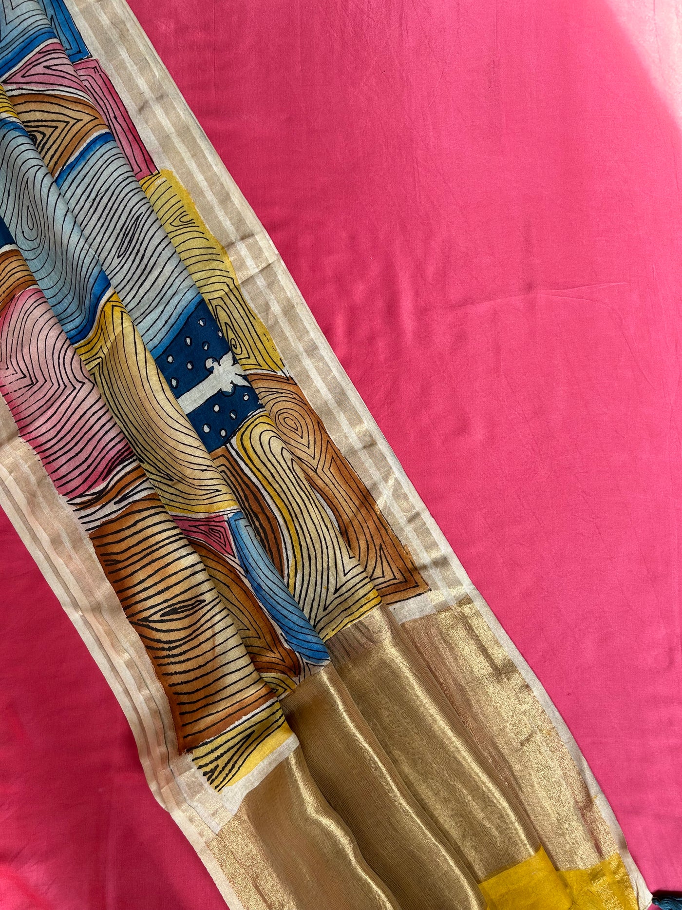CHAKRA: HAND DRAWN HAND PAINTED PEN KALAMKARI CHANDERI SILK  TISSUE DUPATTA WITH DYED MODAL SILK  SUIT SET