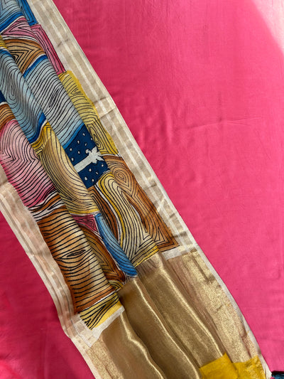 CHAKRA: HAND DRAWN HAND PAINTED PEN KALAMKARI CHANDERI SILK  TISSUE DUPATTA WITH DYED MODAL SILK  SUIT SET