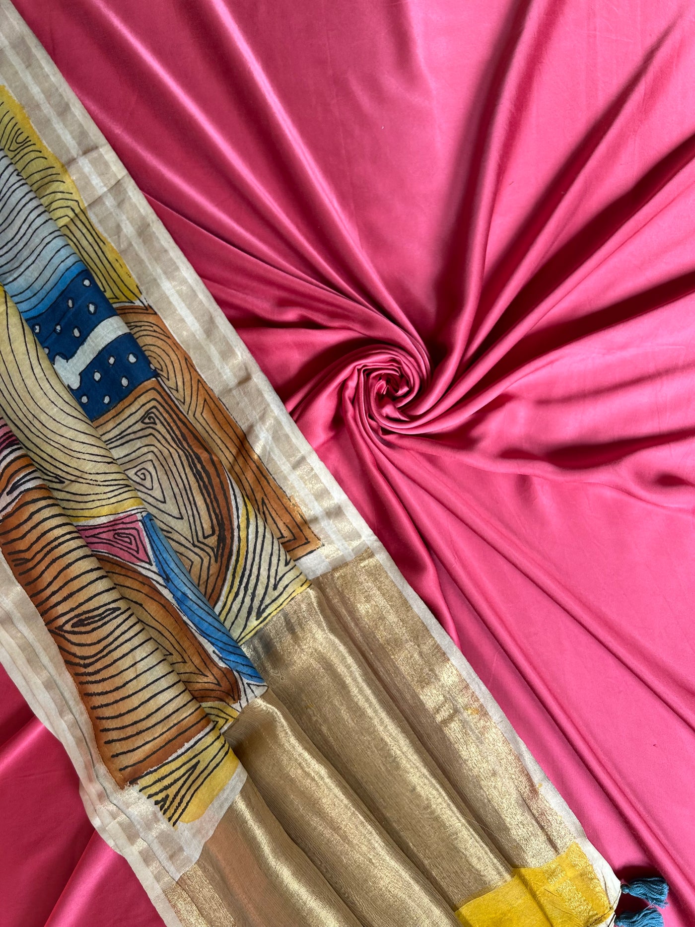 CHAKRA: HAND DRAWN HAND PAINTED PEN KALAMKARI CHANDERI SILK  TISSUE DUPATTA WITH DYED MODAL SILK  SUIT SET