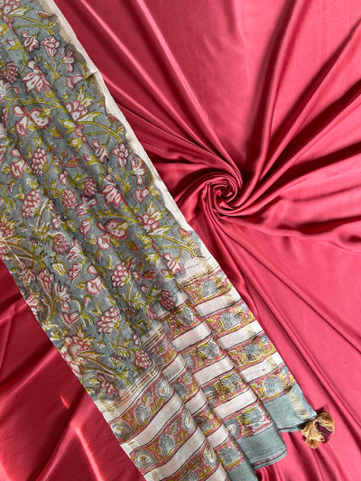 GULAB: HANDBLOCK BAGRU CHANDERI SILK DUPATTA WITH DYED MODAL SILK BANDHANI SUIT SET