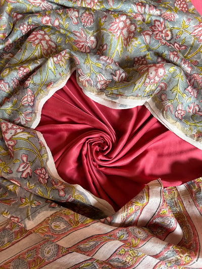 GULAB: HANDBLOCK BAGRU CHANDERI SILK DUPATTA WITH DYED MODAL SILK BANDHANI SUIT SET