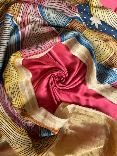 CHAKRA: HAND DRAWN HAND PAINTED PEN KALAMKARI CHANDERI SILK  TISSUE DUPATTA WITH DYED MODAL SILK  SUIT SET