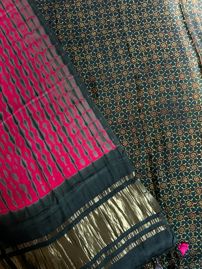 AARUSHI: Handmade Tie & Dye-Ajrakh Modal Silk Suit