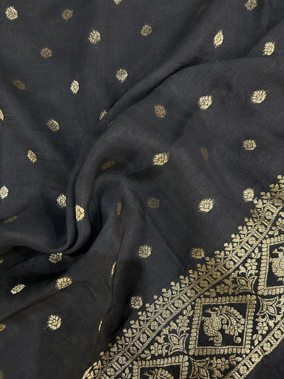 Rambha:Cream,Handblock printed ajrakh premium dola silk saree with meenakari pallu