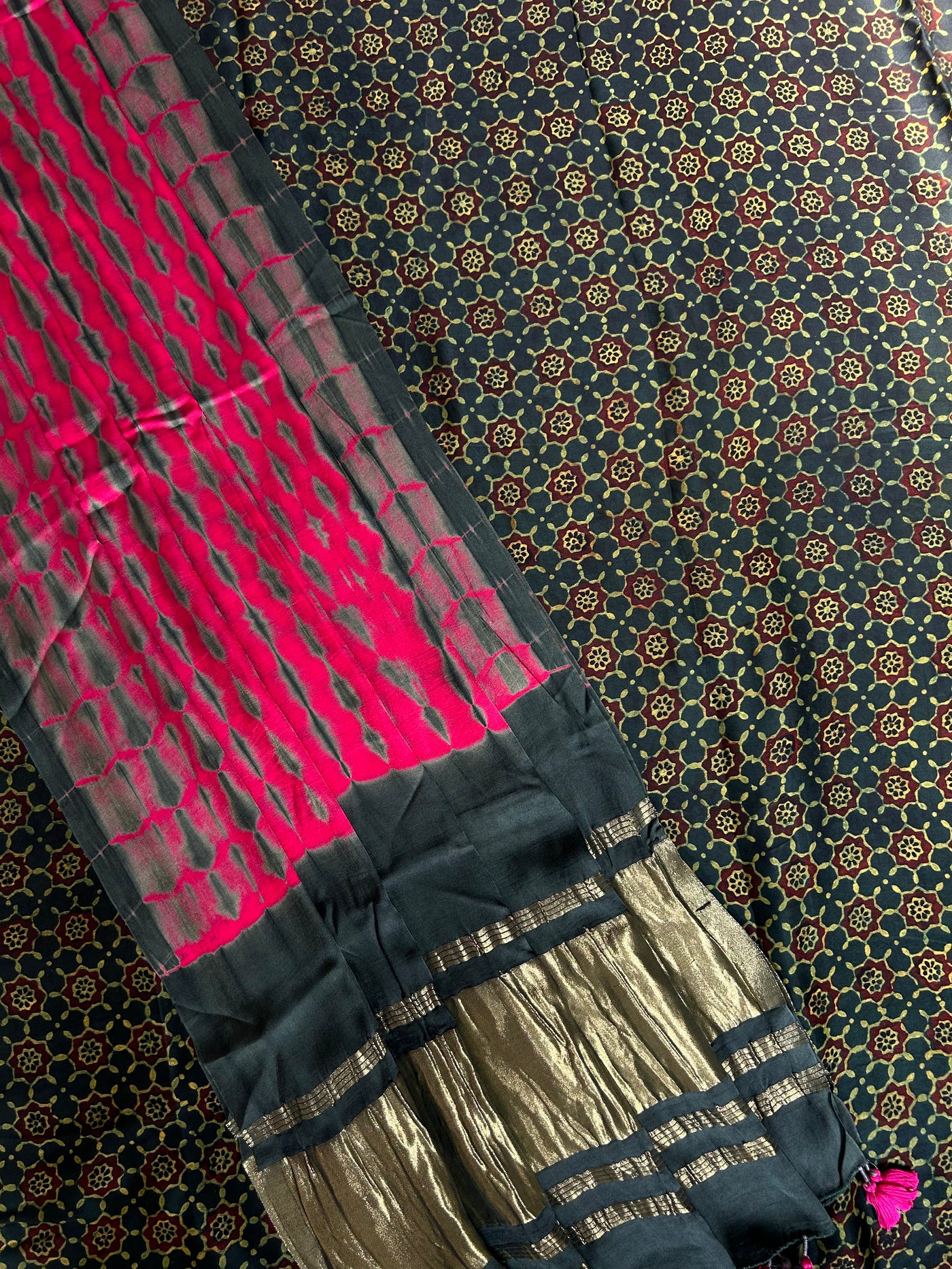AARUSHI: Handmade Tie & Dye-Ajrakh Modal Silk Suit
