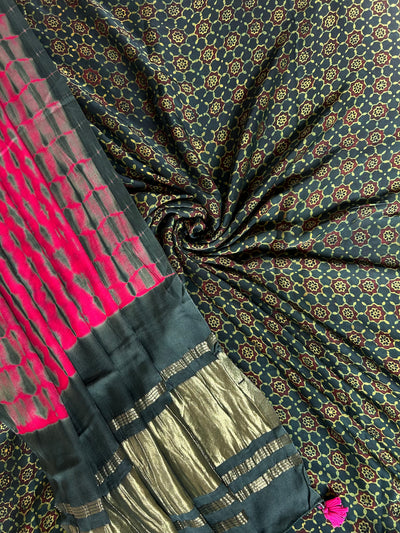 AARUSHI: Handmade Tie & Dye-Ajrakh Modal Silk Suit