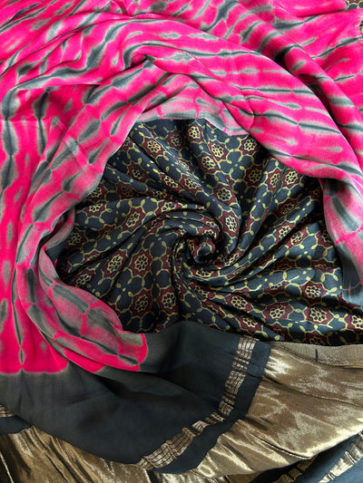 AARUSHI: Handmade Tie & Dye-Ajrakh Modal Silk Suit