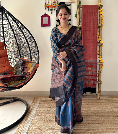 NEEL ROGAN: MADDER HANDBLOCK AJRAKH PURE SILK-LINEN SAREE