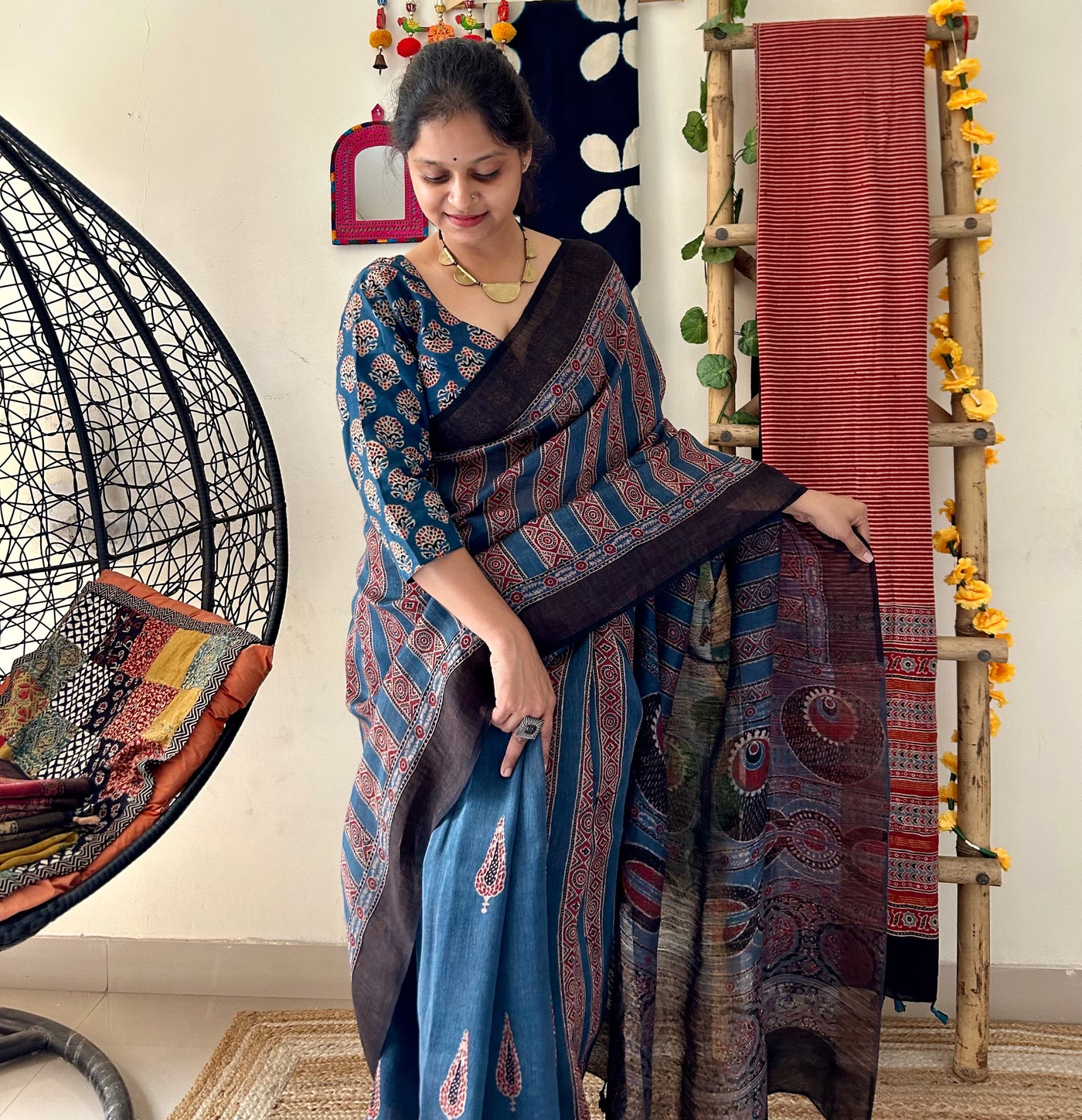 NEEL ROGAN: MADDER HANDBLOCK AJRAKH PURE SILK-LINEN SAREE