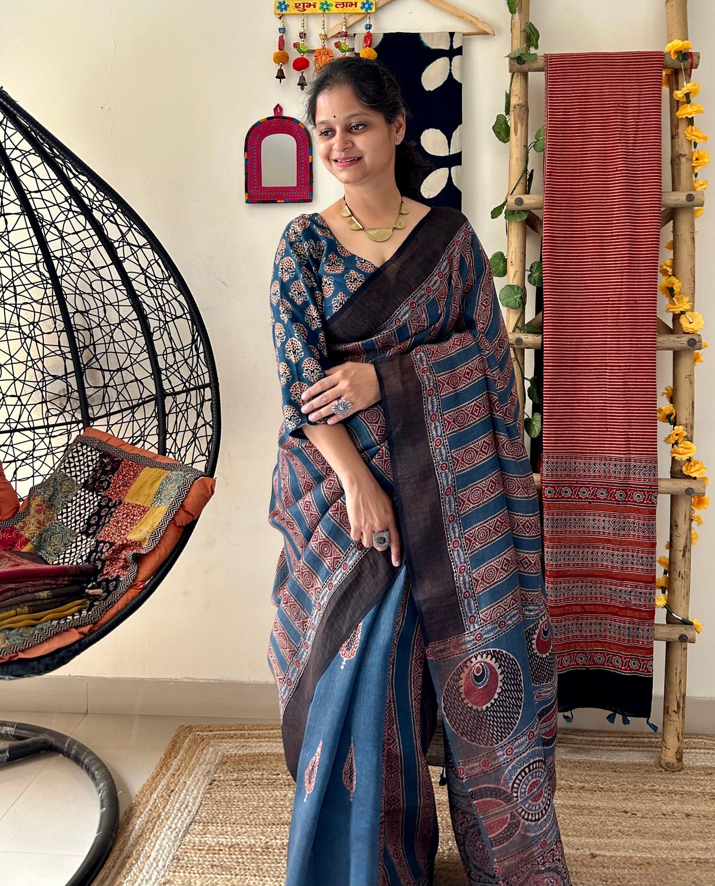 NEEL ROGAN: MADDER HANDBLOCK AJRAKH PURE SILK-LINEN SAREE