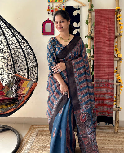 NEEL ROGAN: MADDER HANDBLOCK AJRAKH PURE SILK-LINEN SAREE