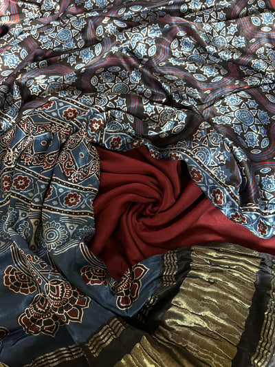 VEDANSHI : Handblock Ajrakh Modal Silk Suitset