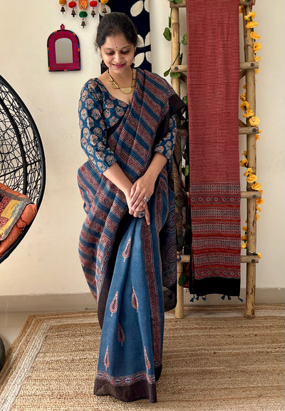 NEEL ROGAN: MADDER HANDBLOCK AJRAKH PURE SILK-LINEN SAREE