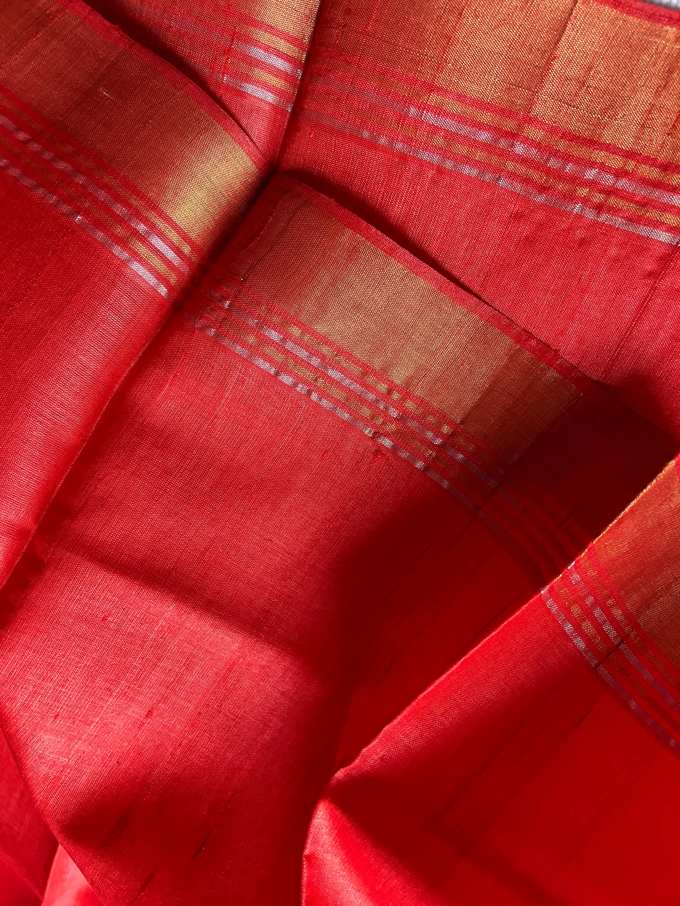 Red & Gold : Handloom Kosa Tussar silk saree