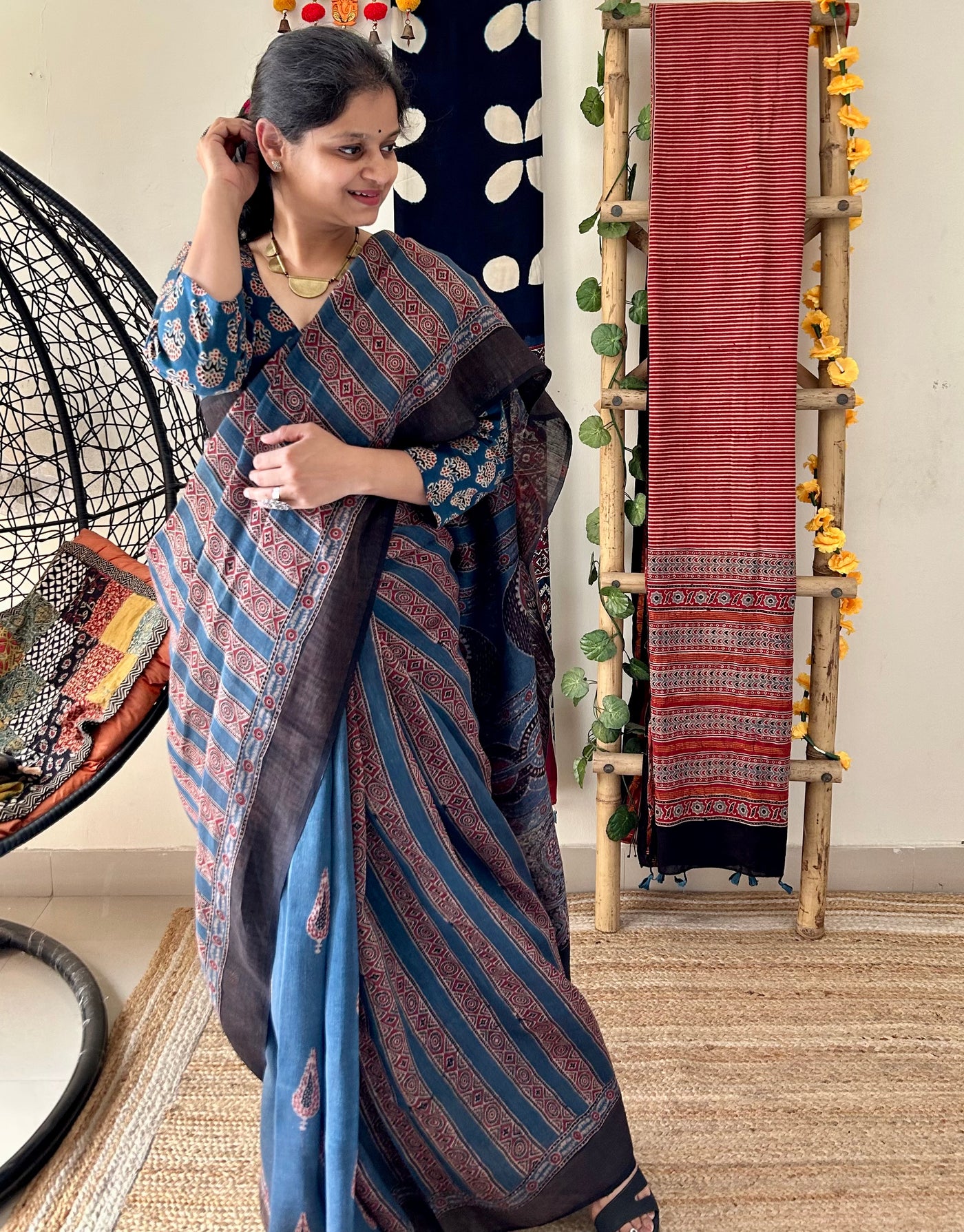 NEEL ROGAN: MADDER HANDBLOCK AJRAKH PURE SILK-LINEN SAREE