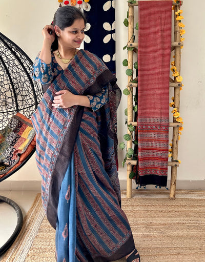 NEEL ROGAN: MADDER HANDBLOCK AJRAKH PURE SILK-LINEN SAREE