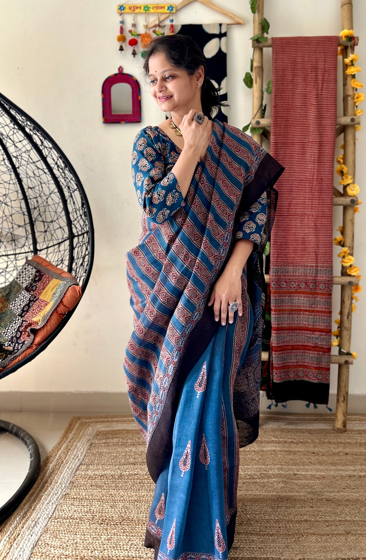 NEEL ROGAN: MADDER HANDBLOCK AJRAKH PURE SILK-LINEN SAREE