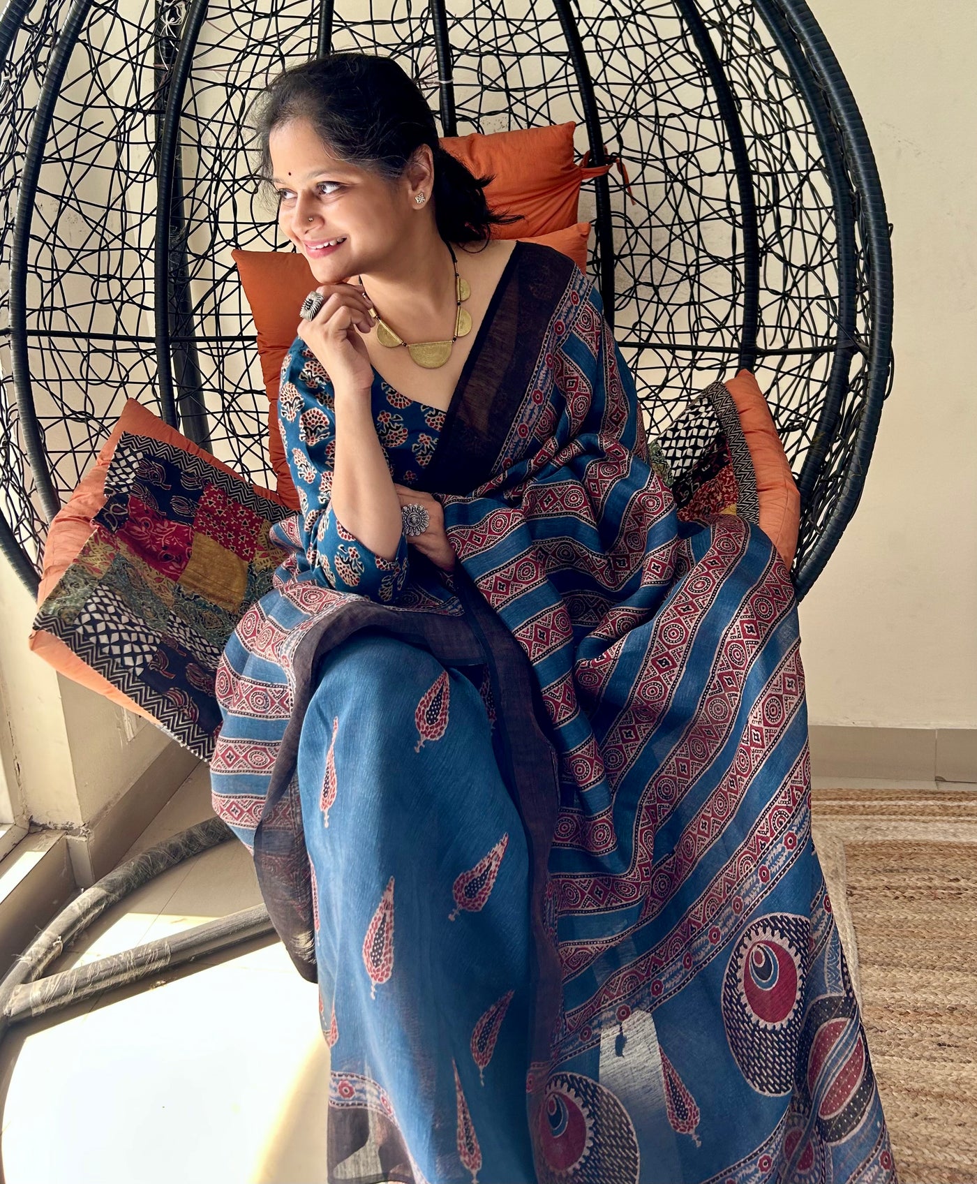 NEEL ROGAN: MADDER HANDBLOCK AJRAKH PURE SILK-LINEN SAREE