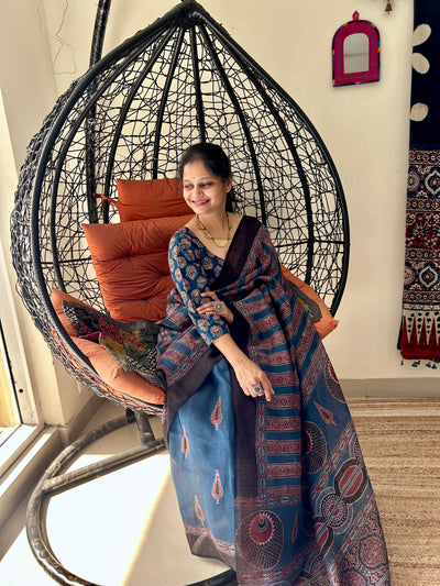 NEEL ROGAN: MADDER HANDBLOCK AJRAKH PURE SILK-LINEN SAREE