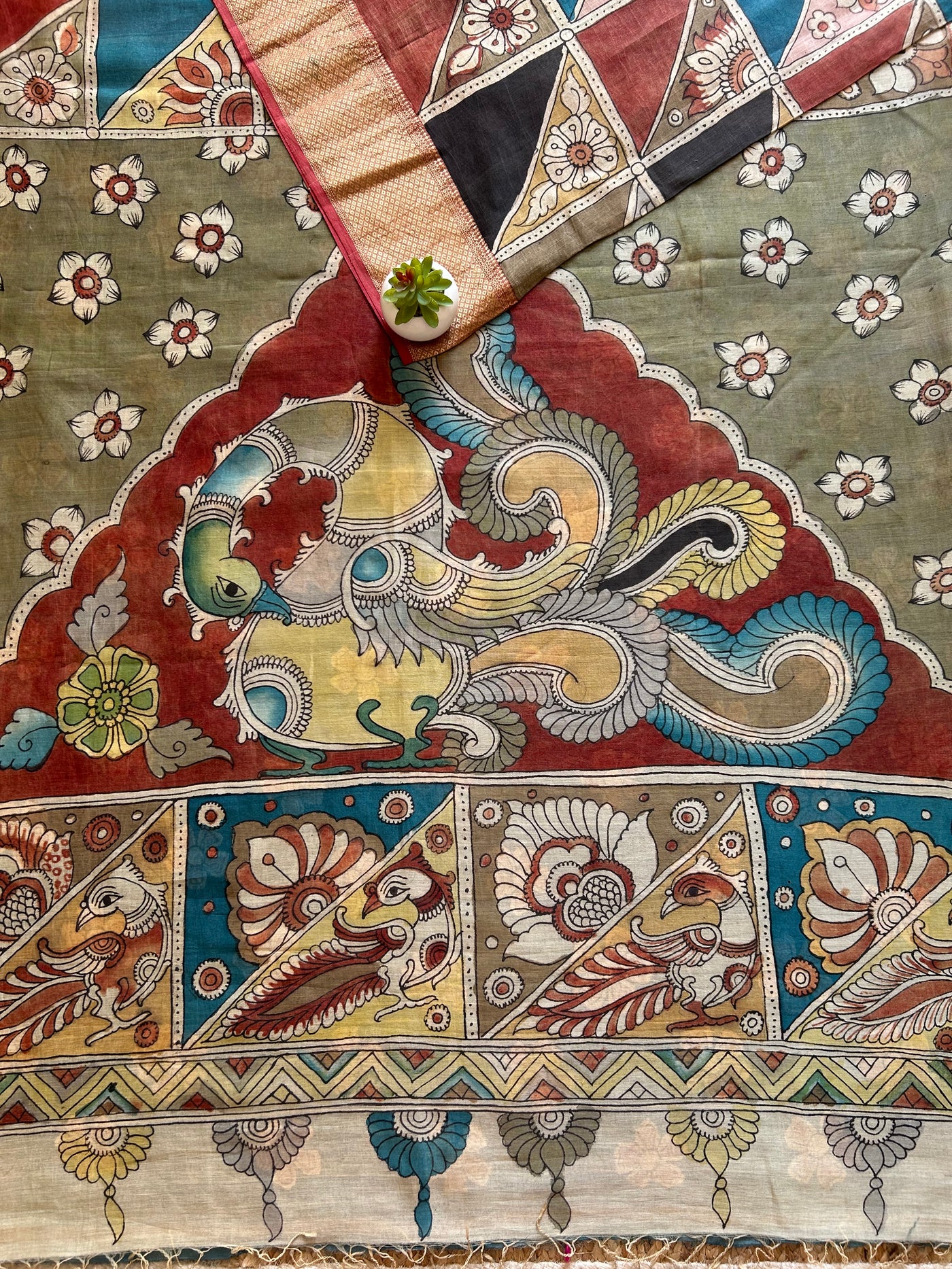 MORNI: Handloom Maheshwari Pen Kalamkari Saree