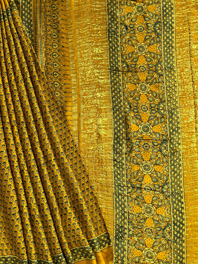 NALINI:YELLOW,HANDBLOCK AJRAKH MODAL SILK SAREE WITH MEENAKARI PALLU