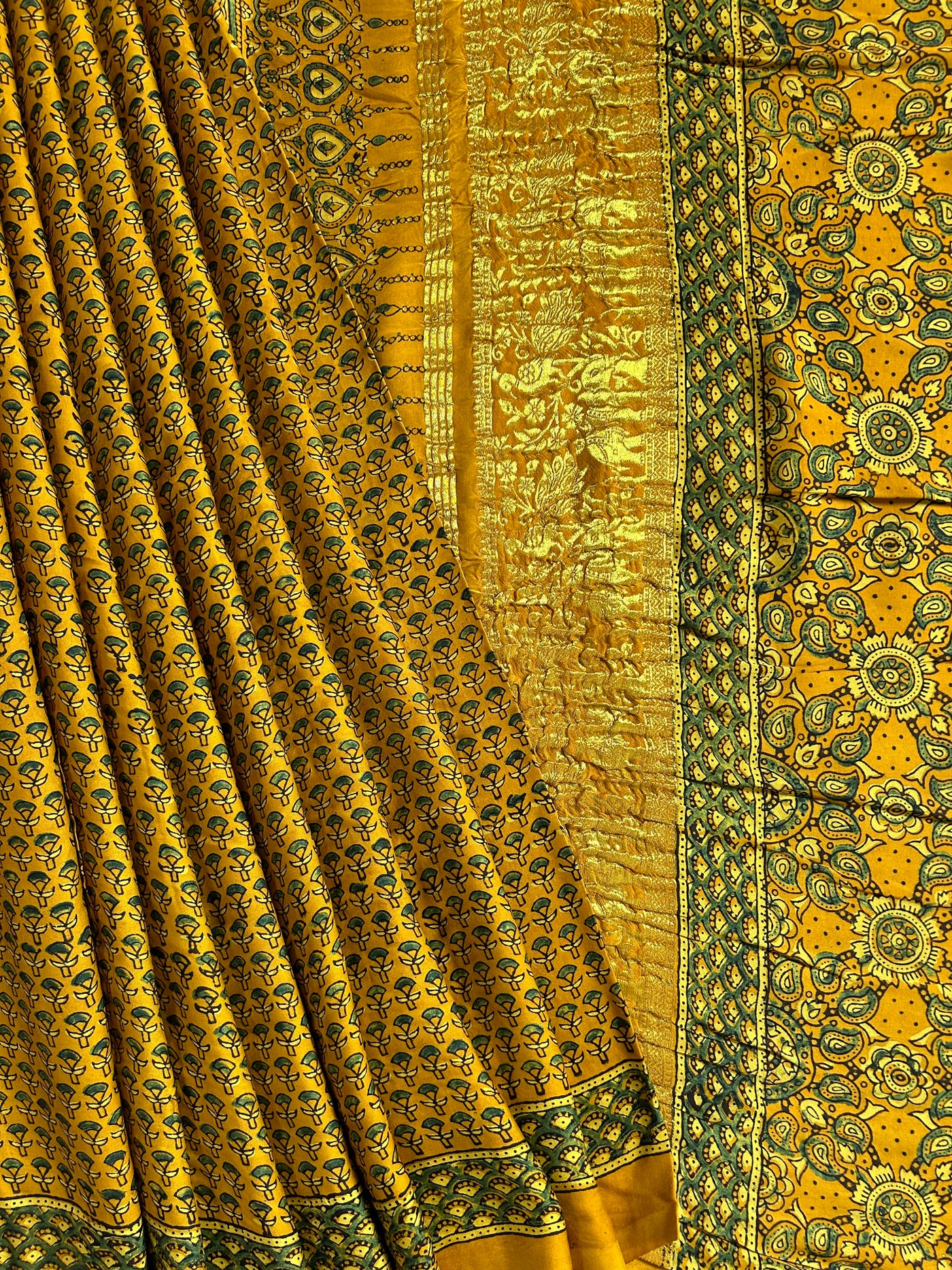 NALINI:YELLOW,HANDBLOCK AJRAKH MODAL SILK SAREE WITH MEENAKARI PALLU