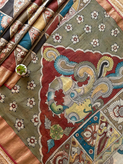 MORNI: Handloom Maheshwari Pen Kalamkari Saree