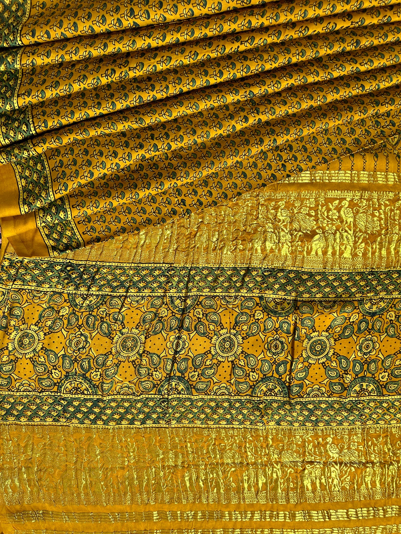 NALINI:YELLOW,HANDBLOCK AJRAKH MODAL SILK SAREE WITH MEENAKARI PALLU