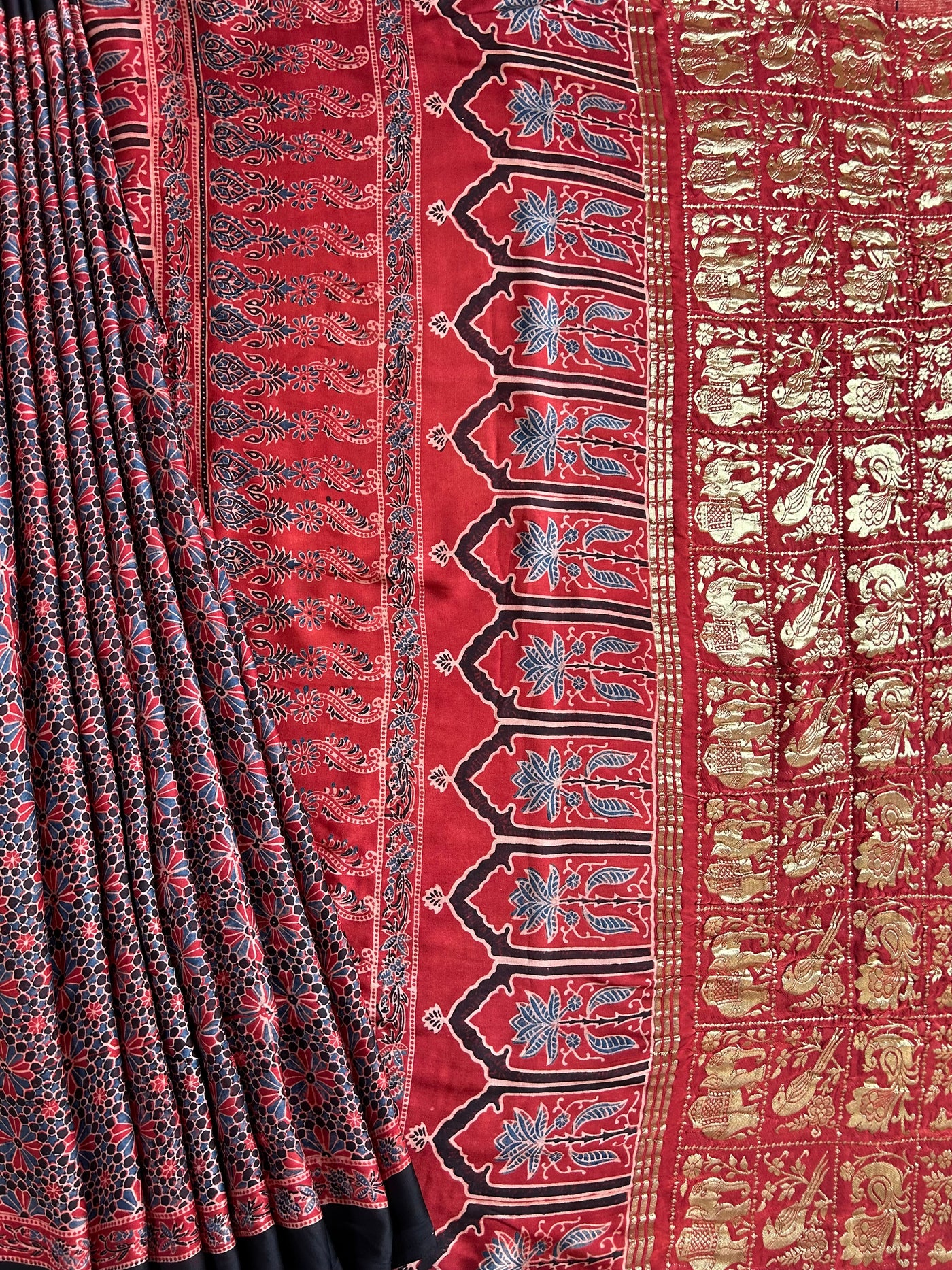 Vaidehi: MADDER,Handblock Ajrakh Modal Silk Meenakari Ajrakh Saree