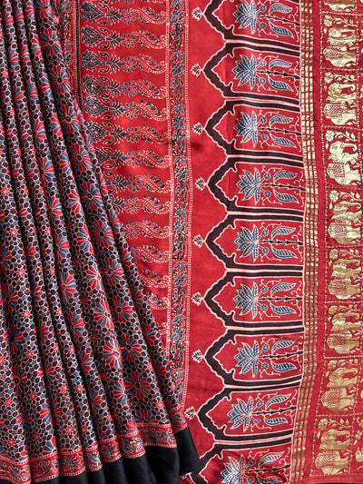 Vaidehi: MADDER,Handblock Ajrakh Modal Silk Meenakari Ajrakh Saree