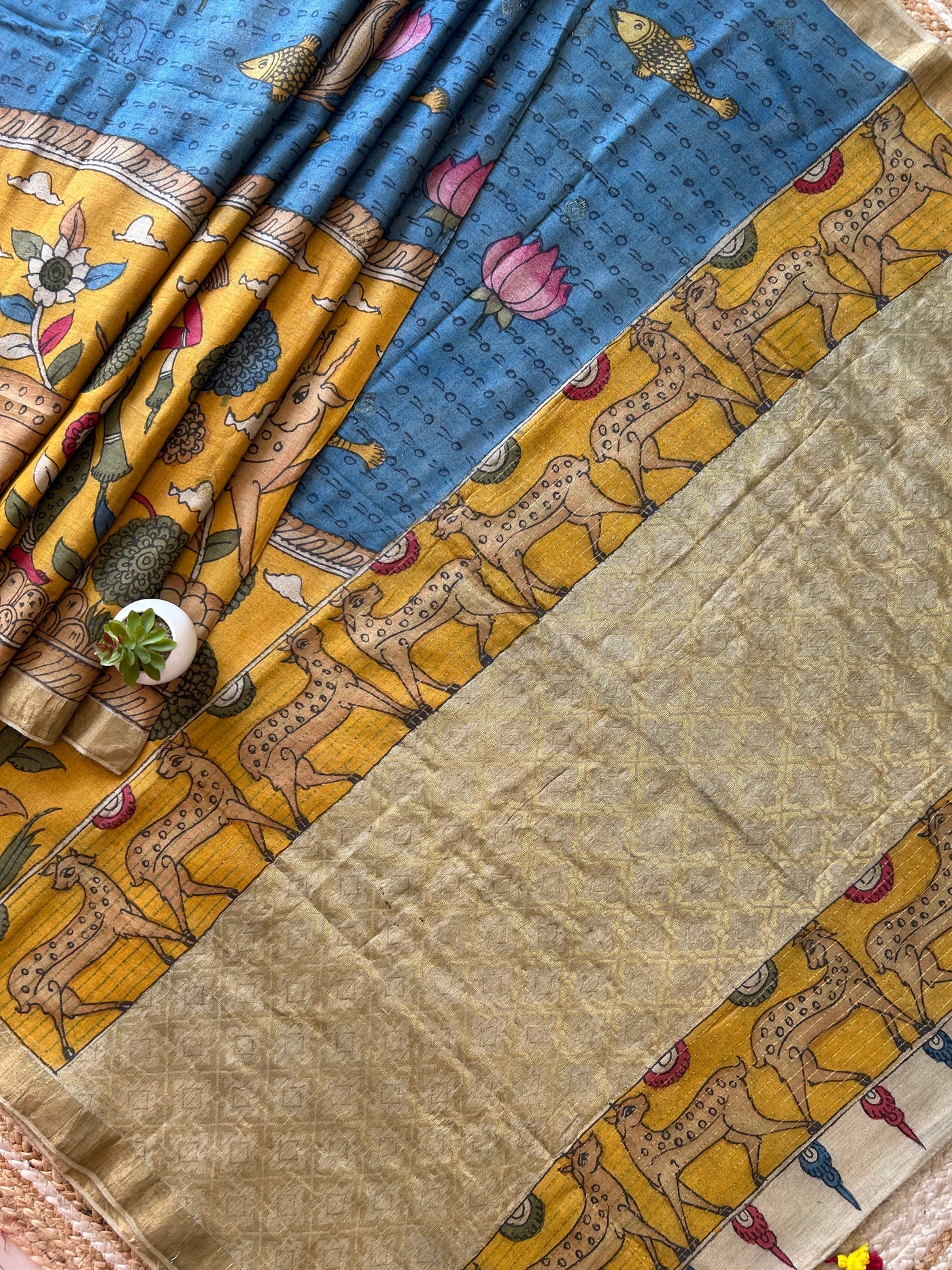 Nadiya ke par: Handloom Pure Tussar silk  PenKalamkari saree