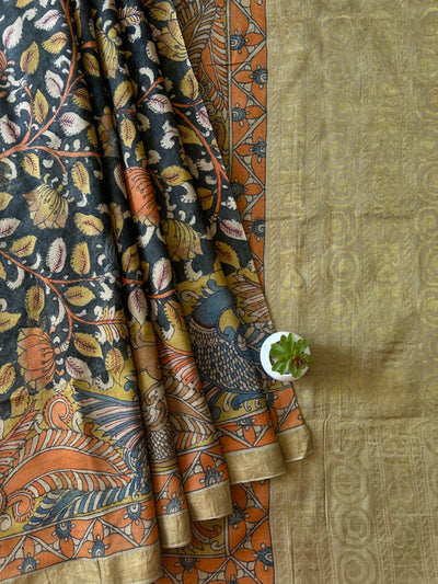 Pankaja: Handloom Pure Tussar Silk Pen Kalamkari Saree