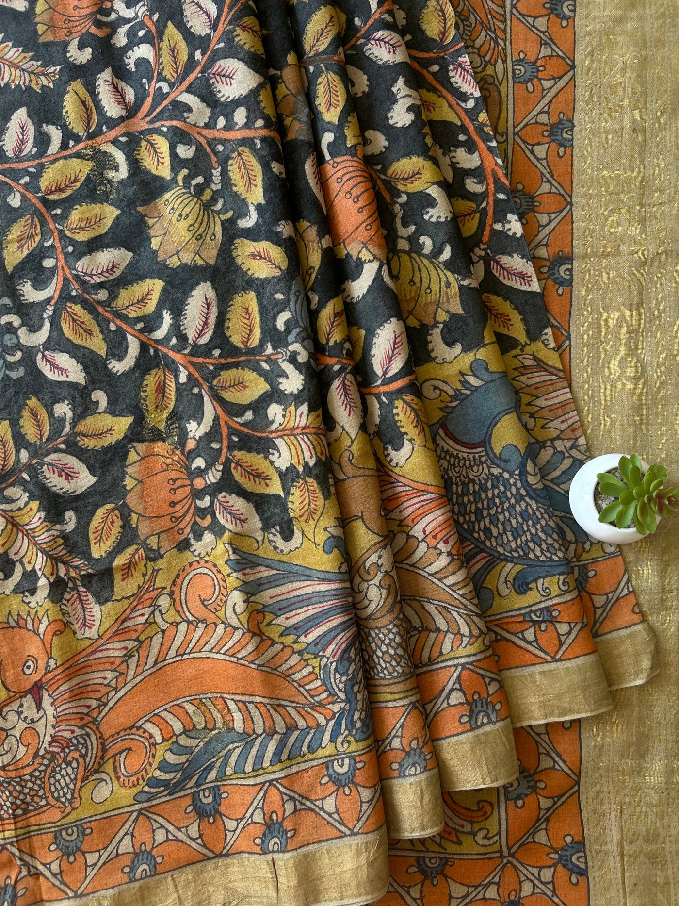 Pankaja: Handloom Pure Tussar Silk Pen Kalamkari Saree