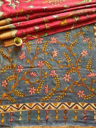 Parindey: Handloom Maheshwari Pure Silk-Cott Pen Kalamkari Saree