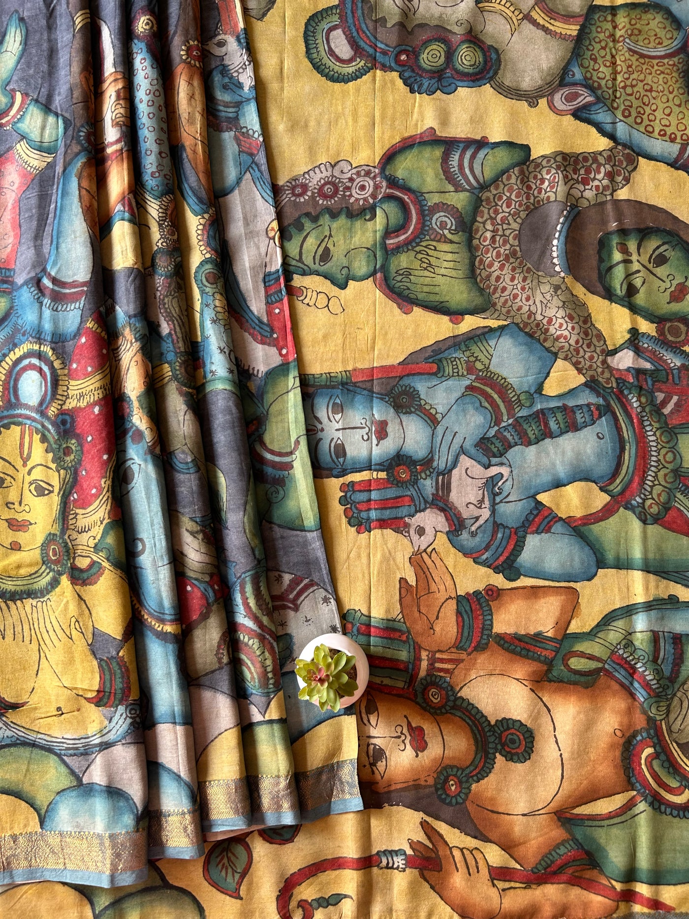 RAM KATHA: HANDMADE PURE SILK-COTT CHANDERI RAMAYANA PENKALAMKARI SAREE