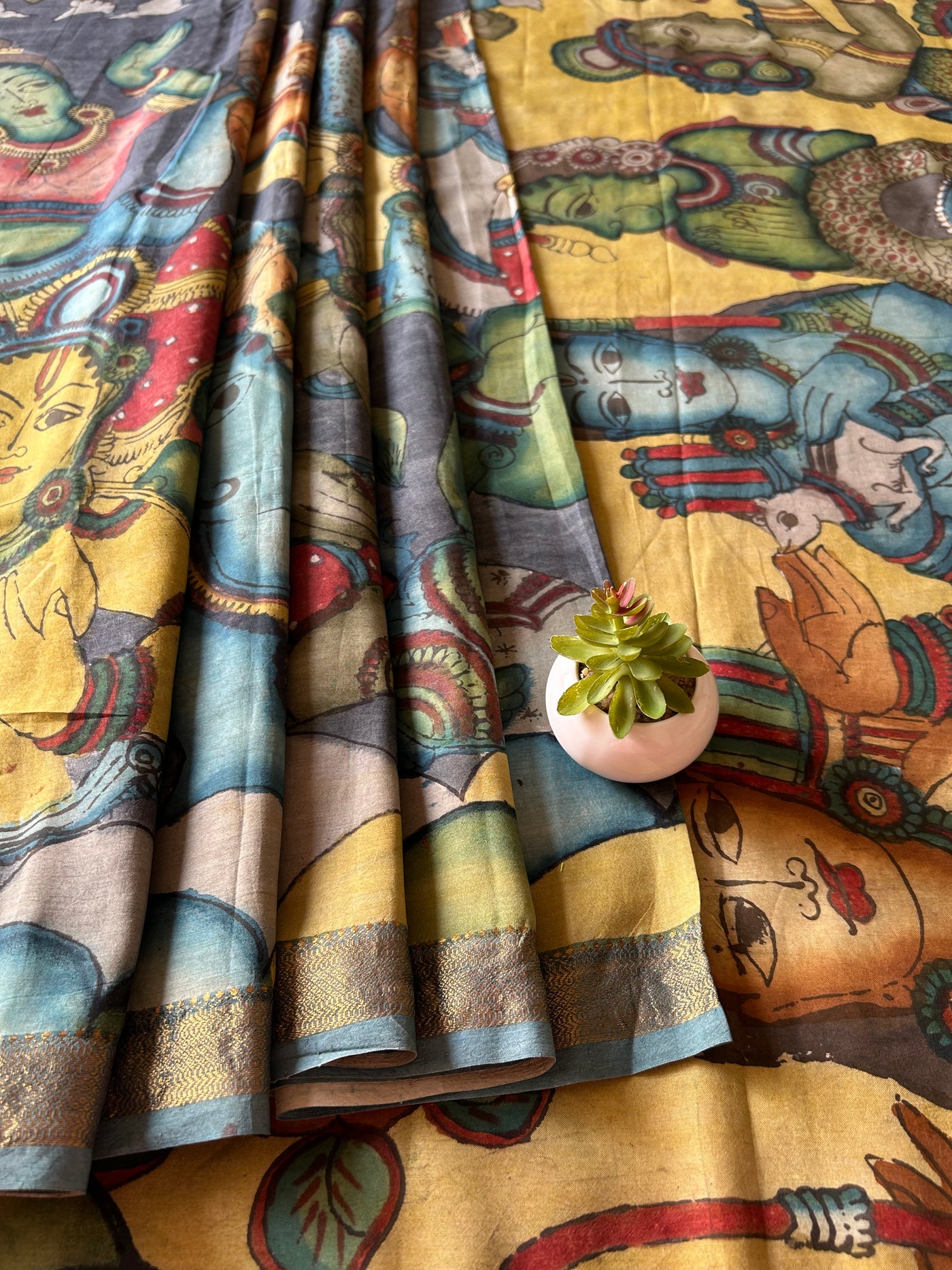 RAM KATHA: HANDMADE PURE SILK-COTT CHANDERI RAMAYANA PENKALAMKARI SAREE