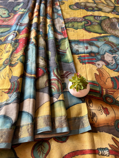 RAM KATHA: HANDMADE PURE SILK-COTT CHANDERI RAMAYANA PENKALAMKARI SAREE