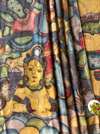 RAM KATHA: HANDMADE PURE SILK-COTT CHANDERI RAMAYANA PENKALAMKARI SAREE