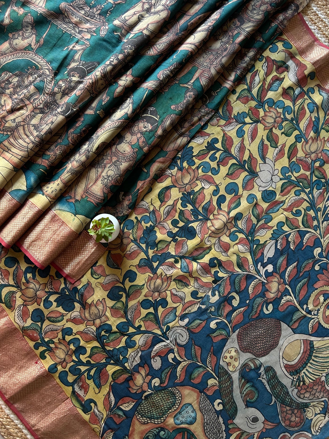 KADAMBARI: Handloom Maheshwari Pure Silk-Cott Pen Kalamkari Saree