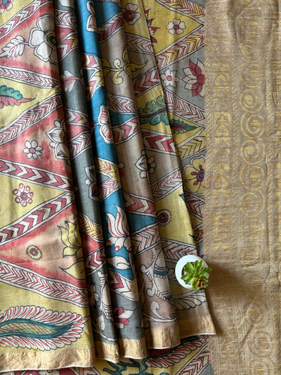 Jharokhe: Handloom Pure Tussar Silk Pen Kalamkari Saree