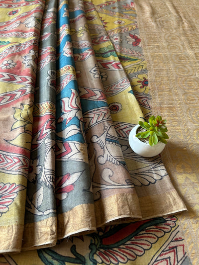 Jharokhe: Handloom Pure Tussar Silk Pen Kalamkari Saree