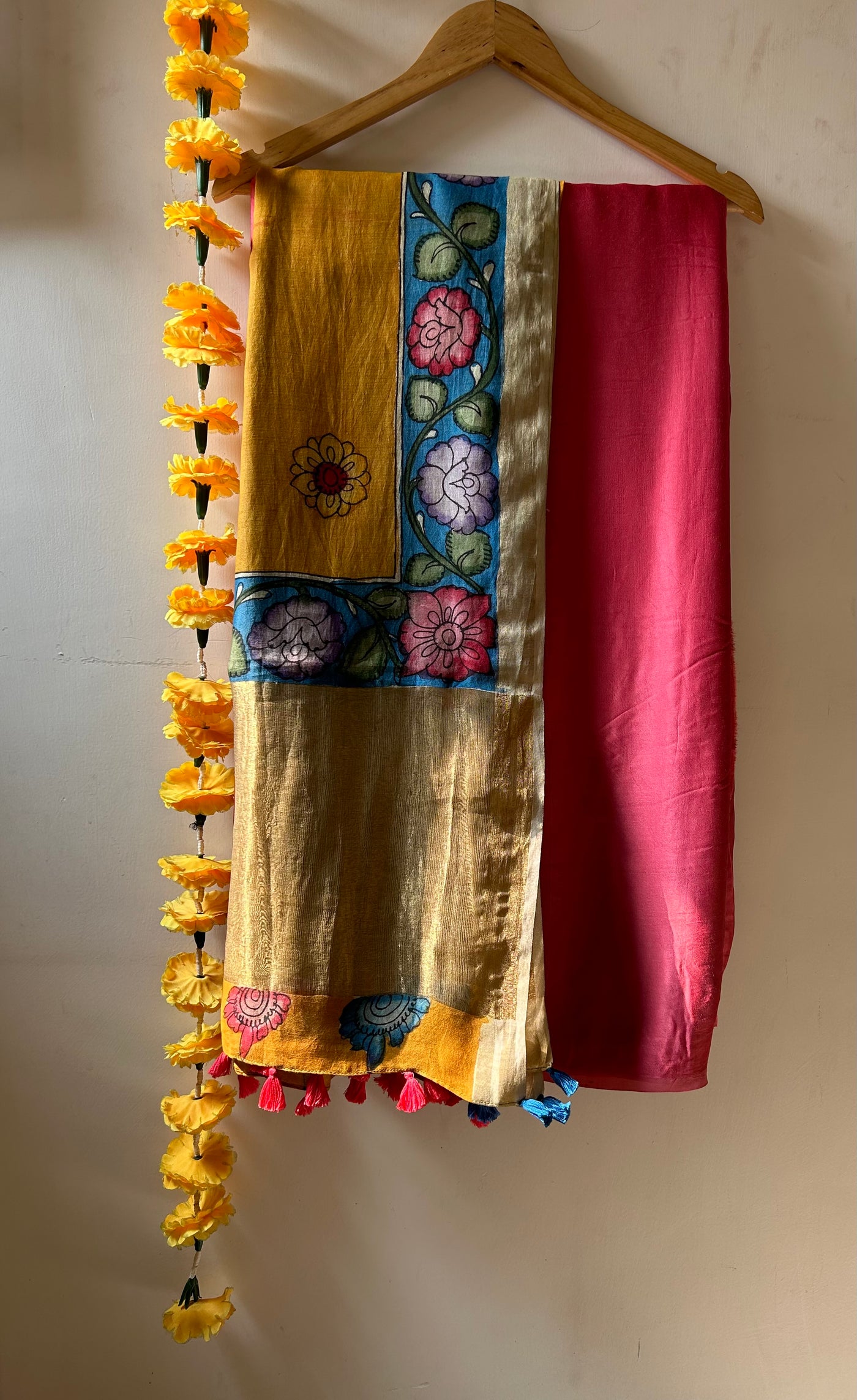 GUL : HAND DRAWN HAND PAINTED PEN KALAMKARI CHANDERI SILK  TISSUE DUPATTA WITH DYED MODAL SILK  SUIT SET