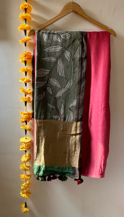 SHREE : HAND DRAWN HAND PAINTED PEN KALAMKARI CHANDERI SILK  TISSUE DUPATTA WITH DYED MODAL SILK  SUIT SET