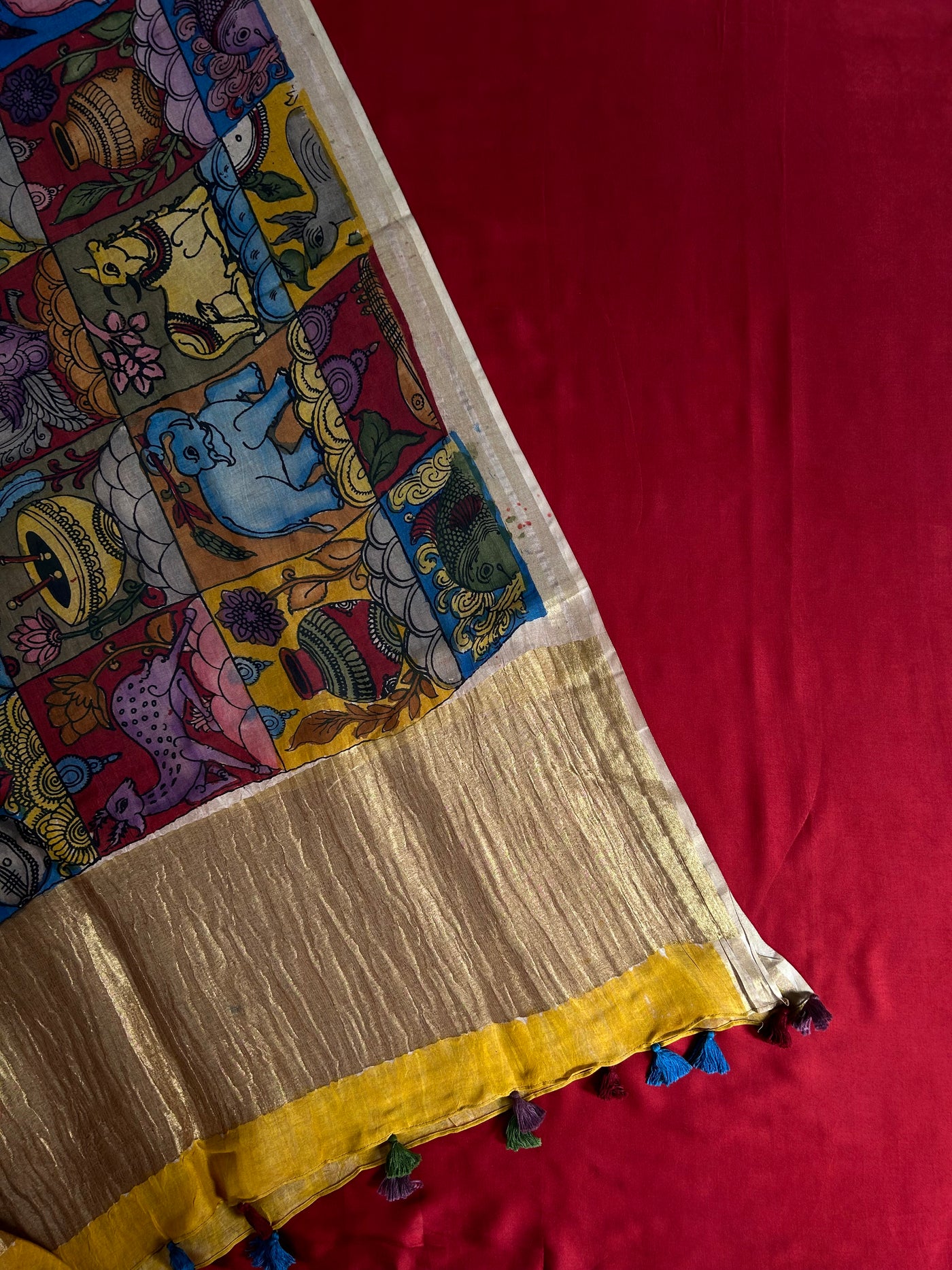 KALAKRITI : HAND DRAWN HAND PAINTED PEN KALAMKARI CHANDERI SILK  TISSUE DUPATTA WITH DYED MODAL SILK  SUIT SET